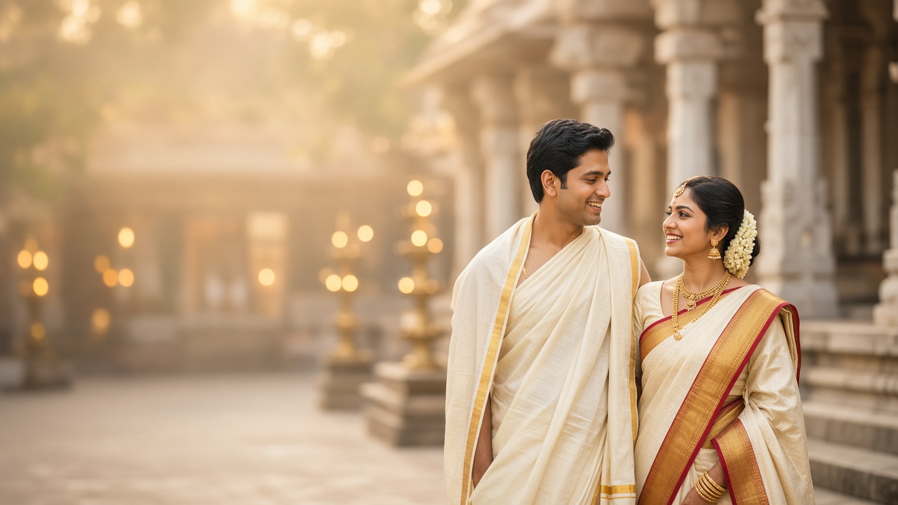 South Indian bride and groom in traditional silk wedding attire